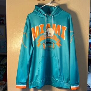 Miami Football Hoodie in Teal and Orange hooded, has front pocket, has drawstrin